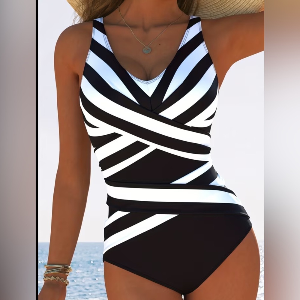 Striped Black & White V-Neck One-Piece Swimsuit